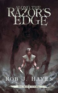 Cover displays a girl in rags, holding a knife, over shadowed by a demon. The cover is in a range of greys.